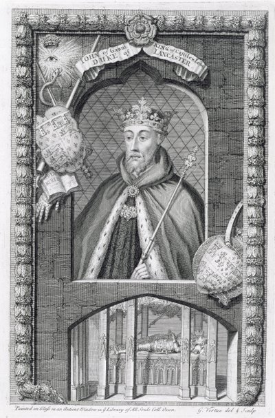 Juan de Gante, Duque de Lancaster (1340-99) después de una pintura en vidrio en la Biblioteca de All Souls College, Oxford, grabado por el artista de George Vertue